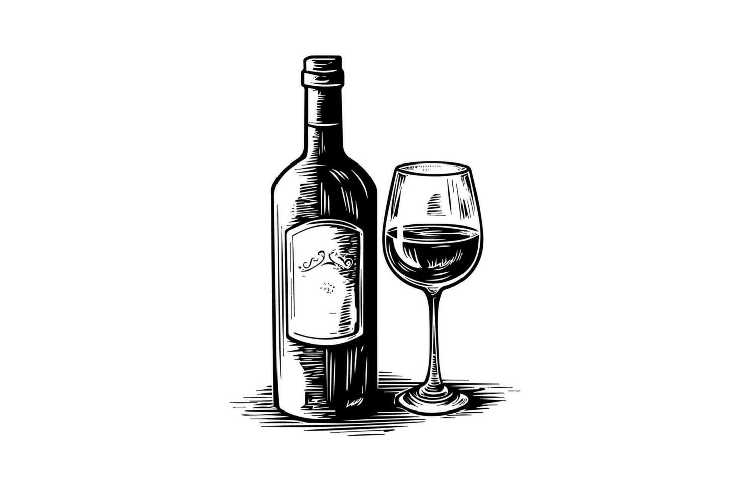 Wine bottle and glass. Hand drawn engraving sketch style vector illustrations.