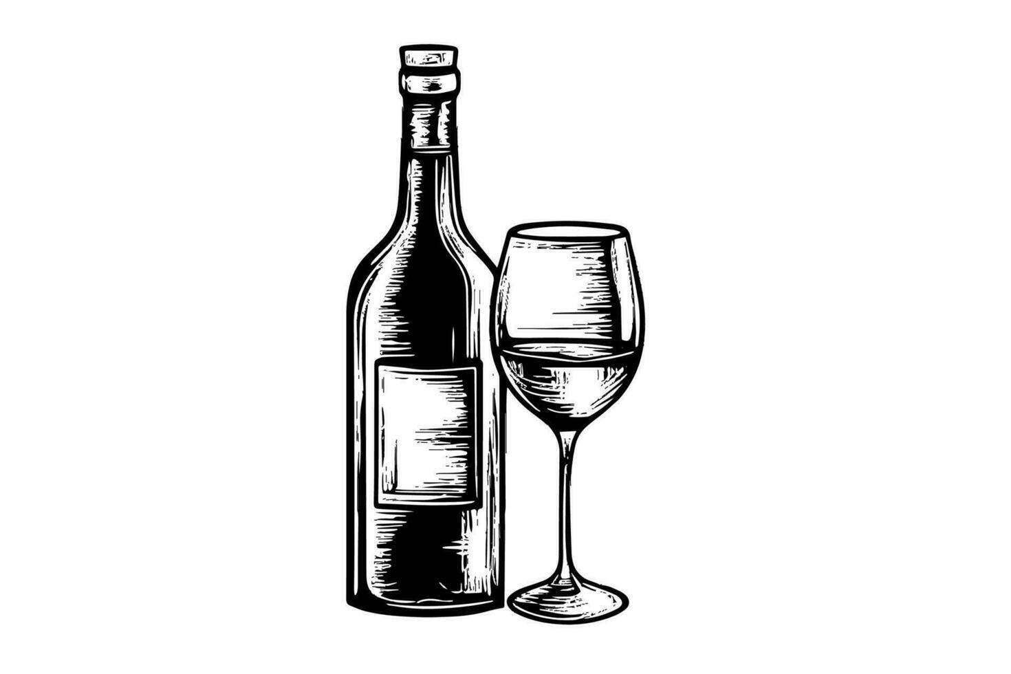Wine bottle and glass. Hand drawn engraving sketch style vector illustrations.
