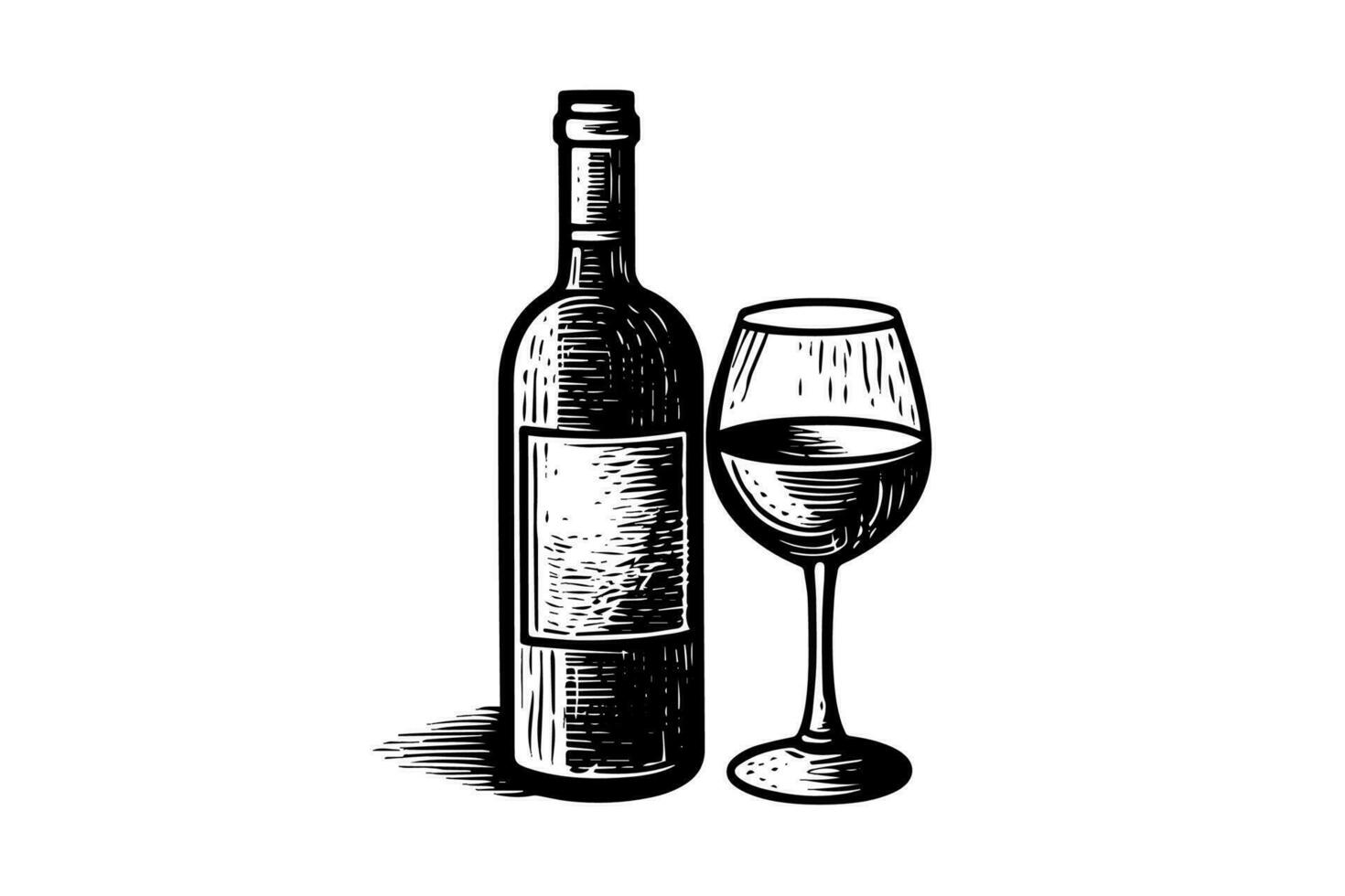 Wine bottle and glass. Hand drawn engraving sketch style vector illustrations.
