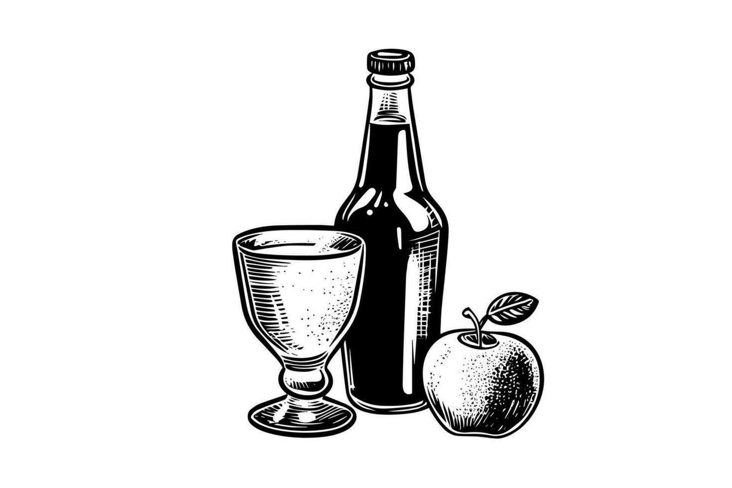 Soda bottle with glass. Ink sketch of apple cider isolated on white background. Hand drawn vector illustration.