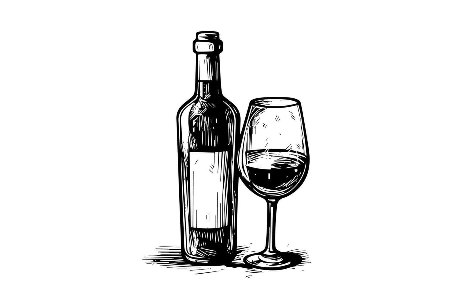 Wine bottle and glass. Hand drawn engraving sketch style vector illustrations.