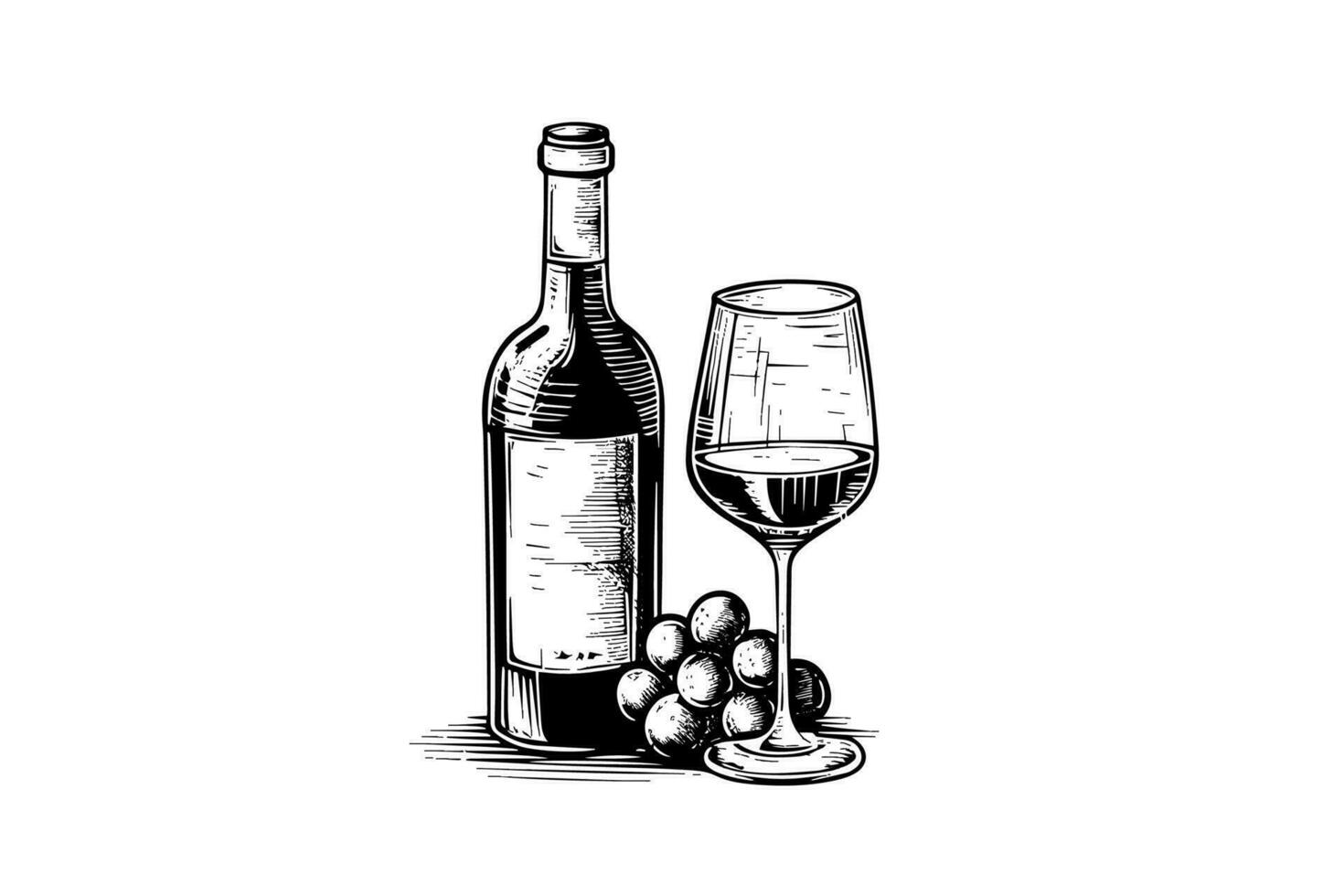 Wine bottle and glass of wine and grapes. Hand drawn engraving sketch style vector illustrations.