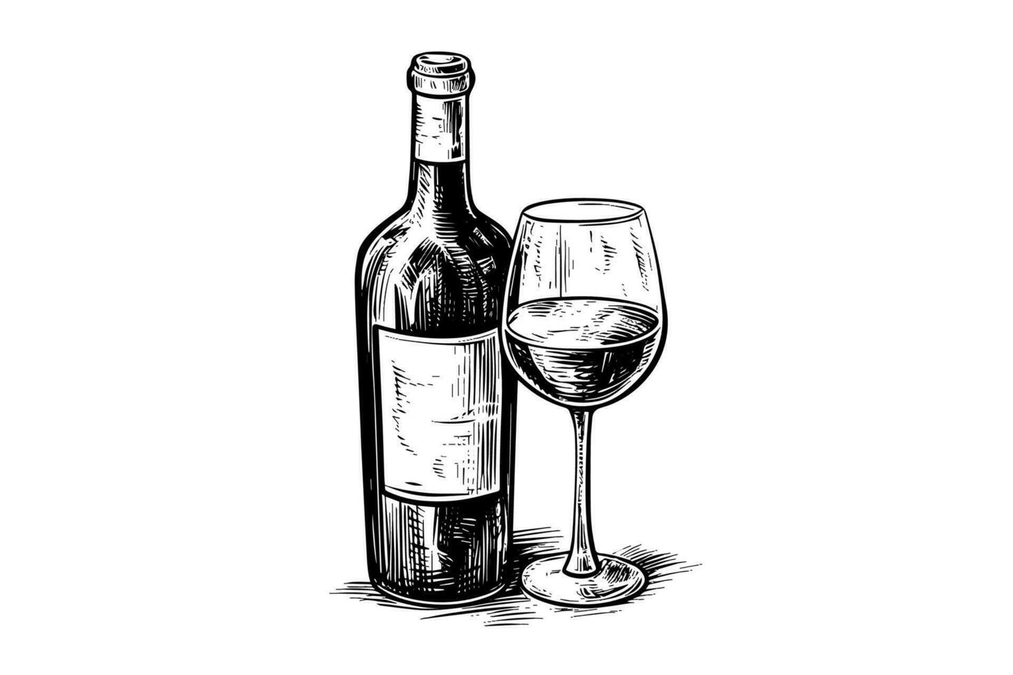 Wine bottle and glass. Hand drawn engraving sketch style vector illustrations.