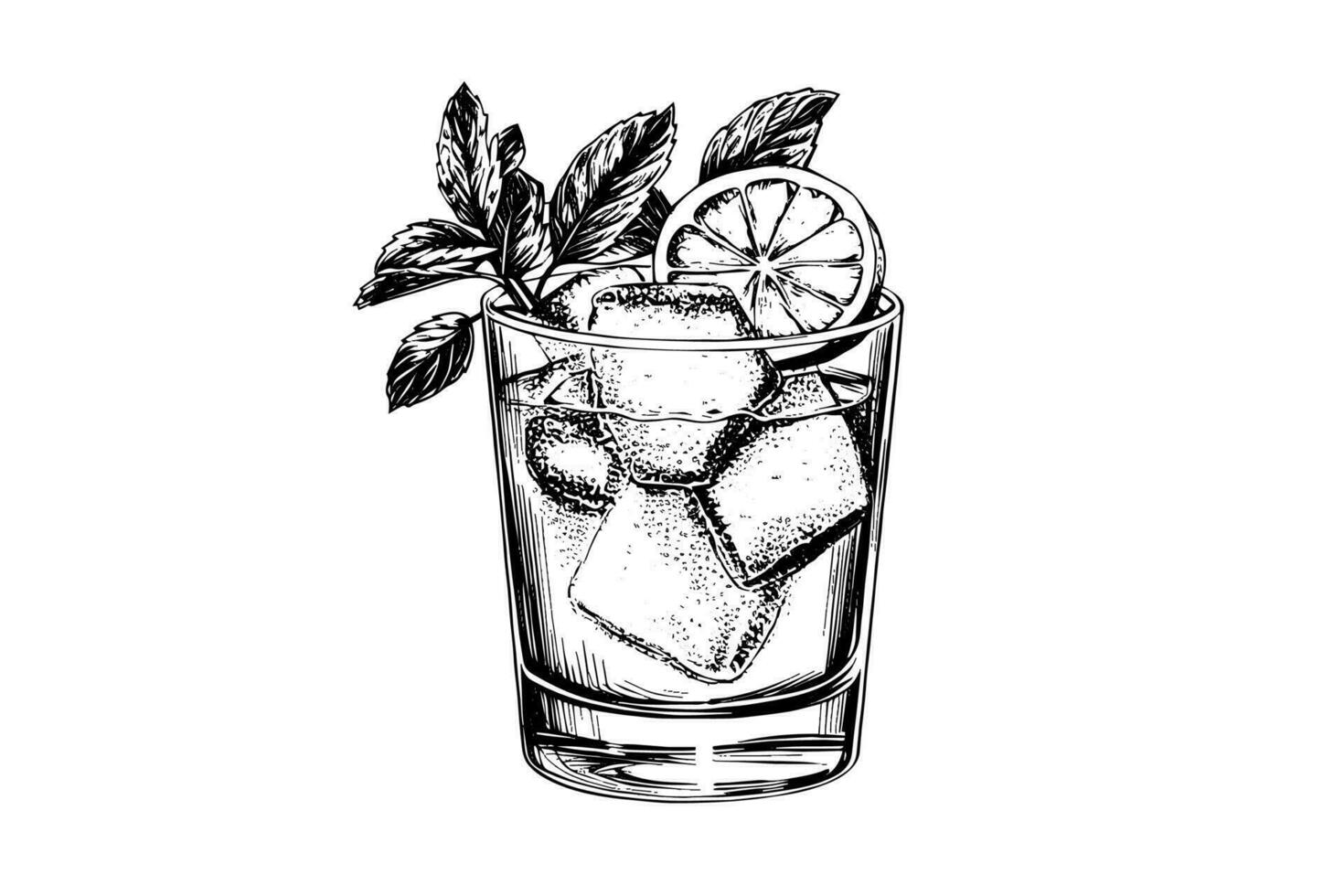 Mojito cocktail engraved isolated drink vector illustration. Black and white sketch composition