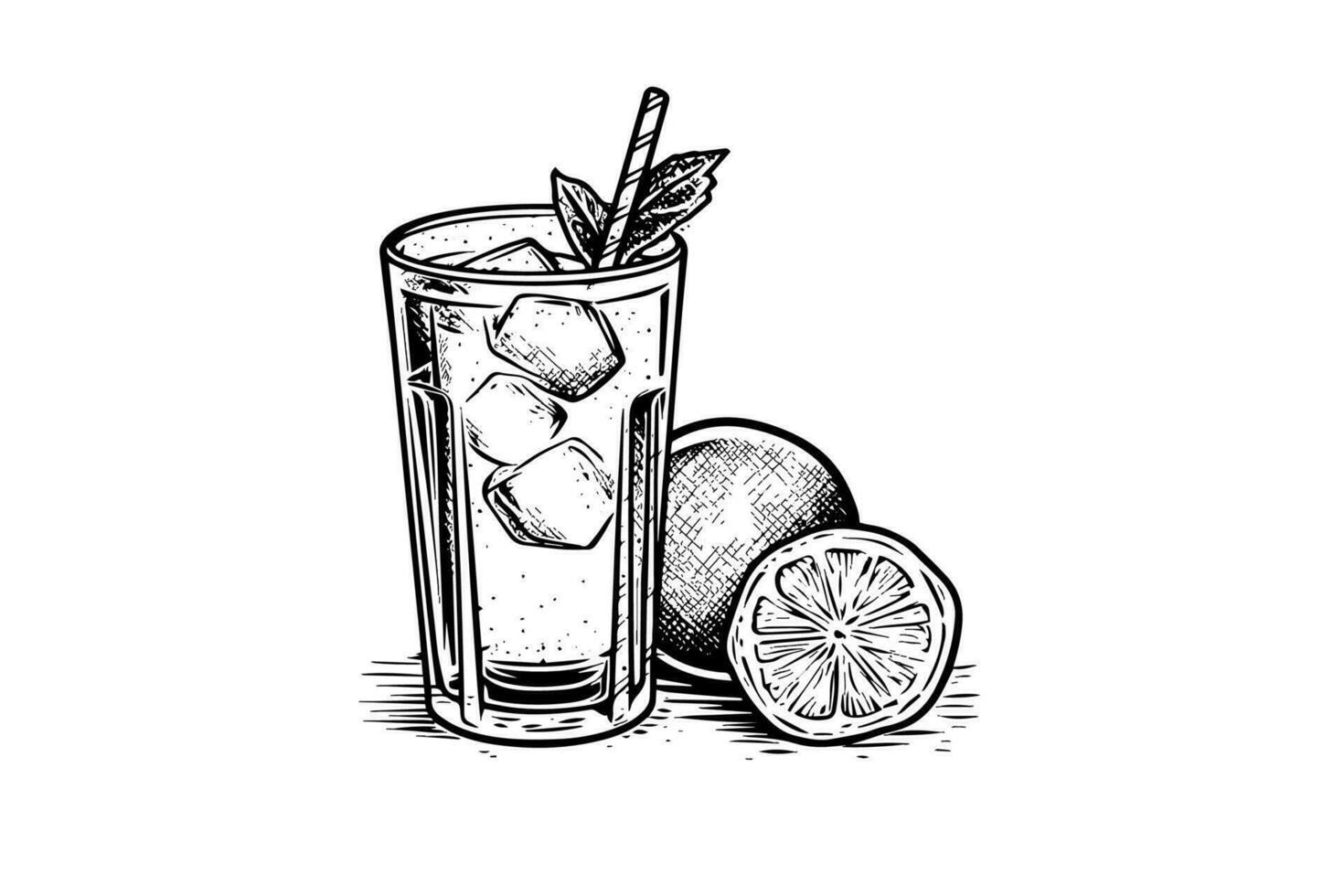 Water with lemon  hand drawn engraving style vector illustration.
