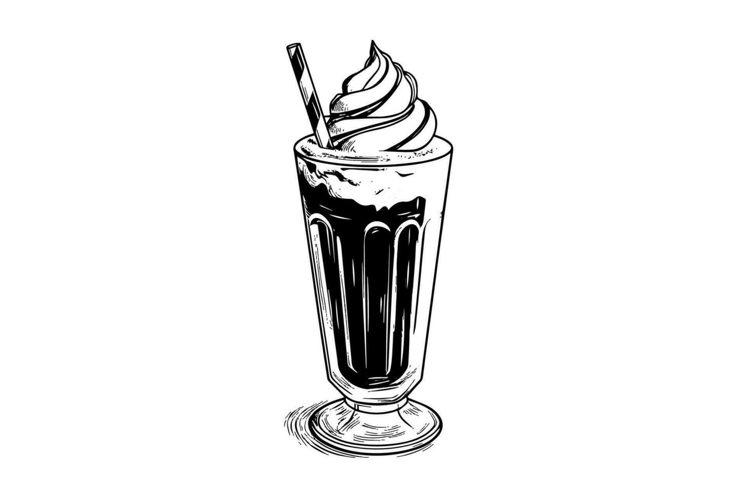 Chocolate milk shake sketch engraving vector illustration. Black and white isolated composition.