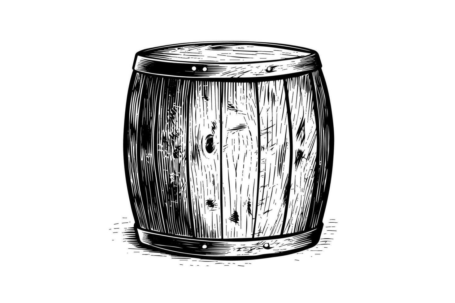 Wood barrel. Hand drawn sketch engraving style vector illustrations.