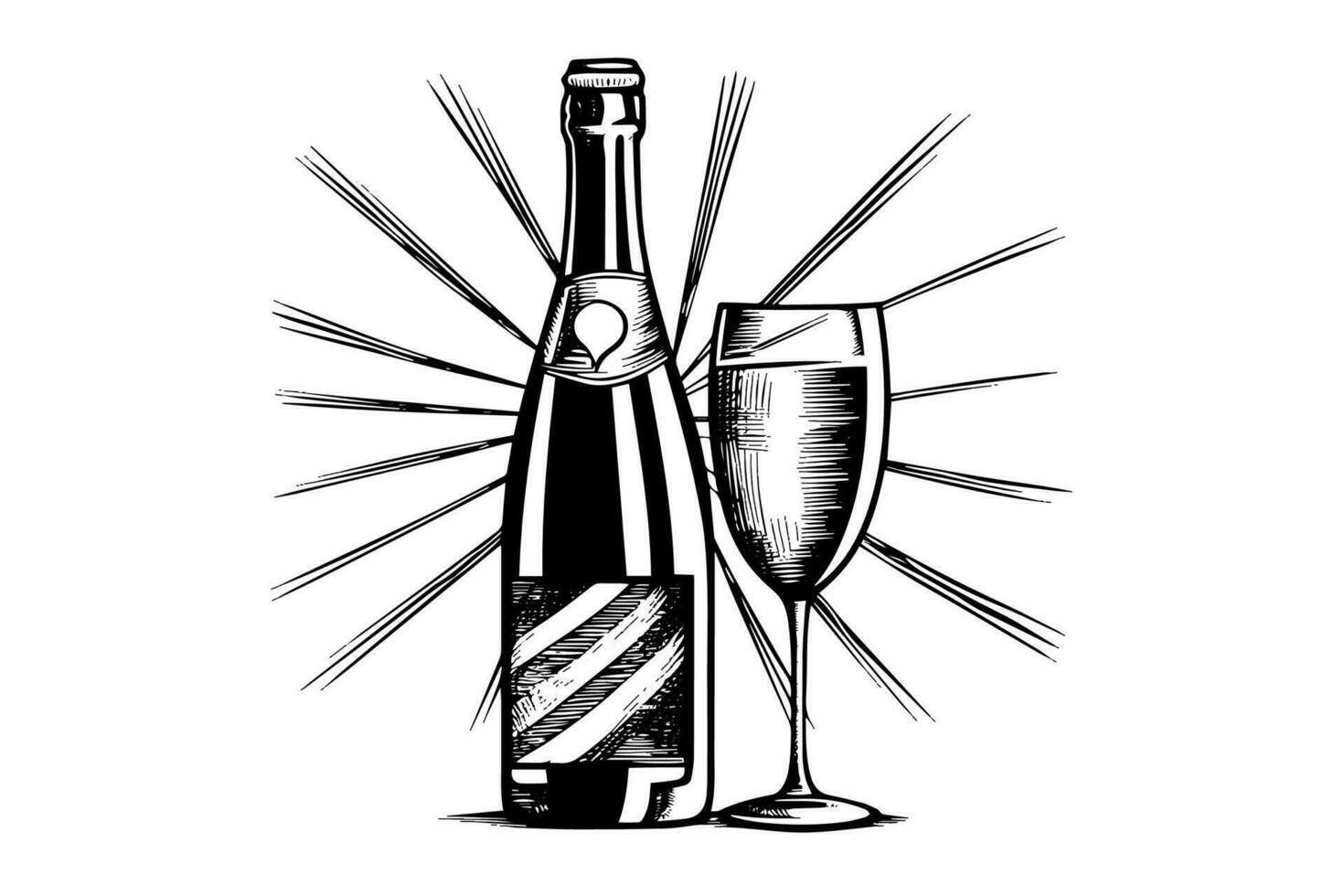 Bottle with Champagne and wine glass engraving style art, hand drawn sketch vector illustration