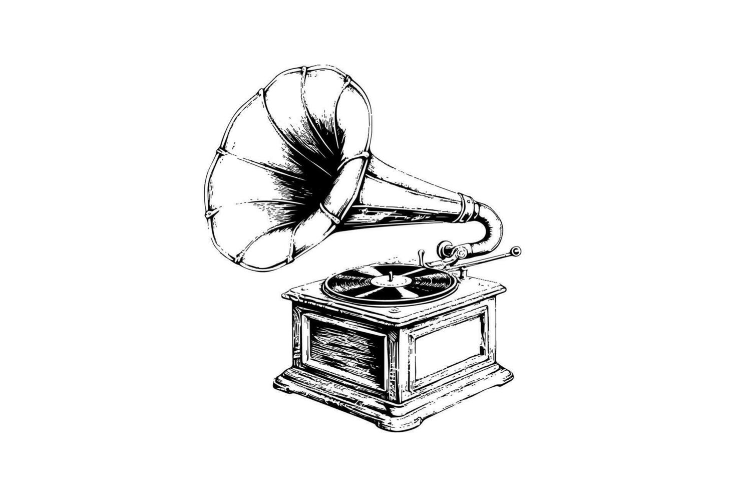 Retro phonograph gramophone vintage engraved vector illustration. Sketch hand drawn art