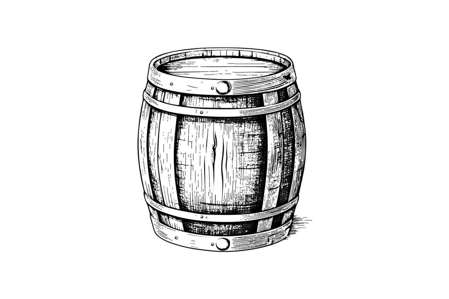 Wood barrel. Hand drawn sketch engraving style vector illustrations.