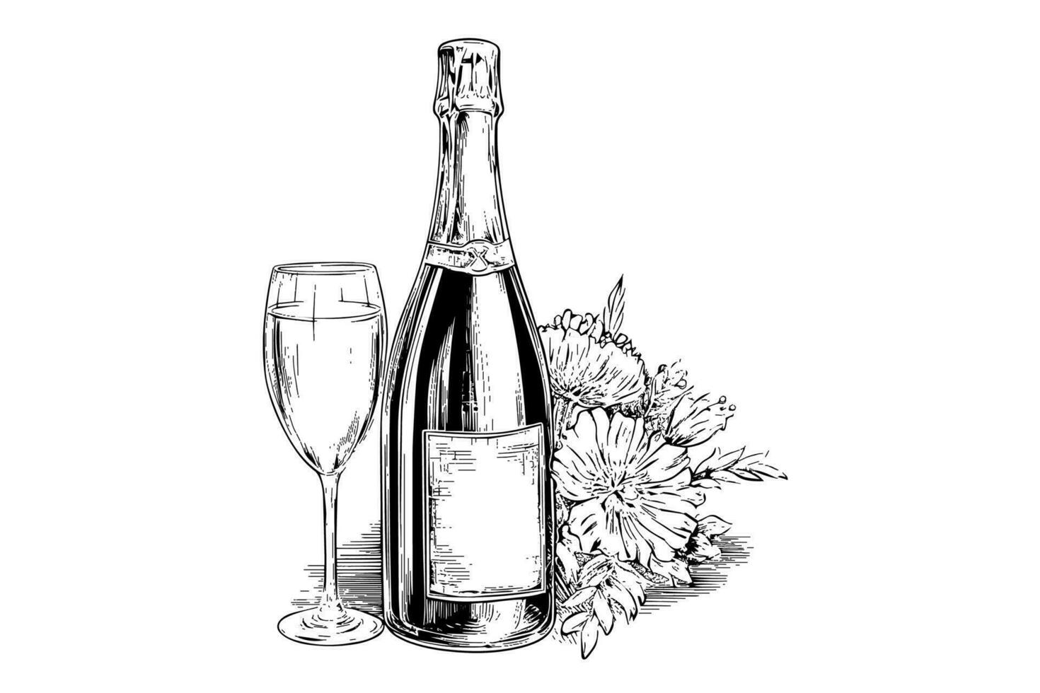 botella con champán y vino vaso y flor grabado estilo arte, mano dibujado bosquejo vector ilustración.
