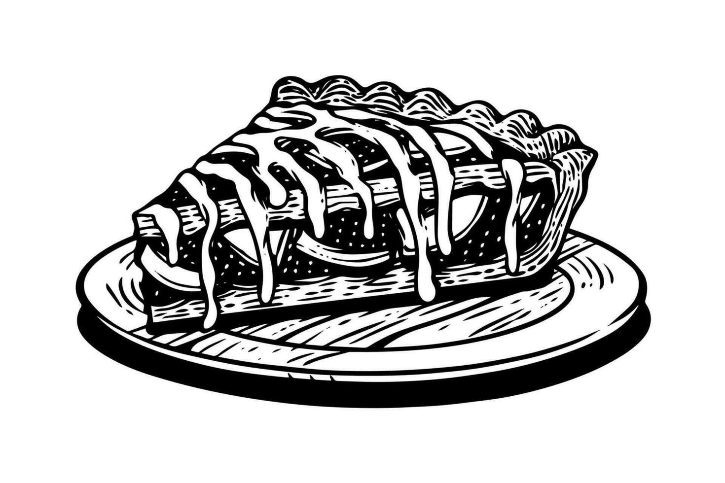 Piece of apple pie hand drawn engraving style vector illustration.