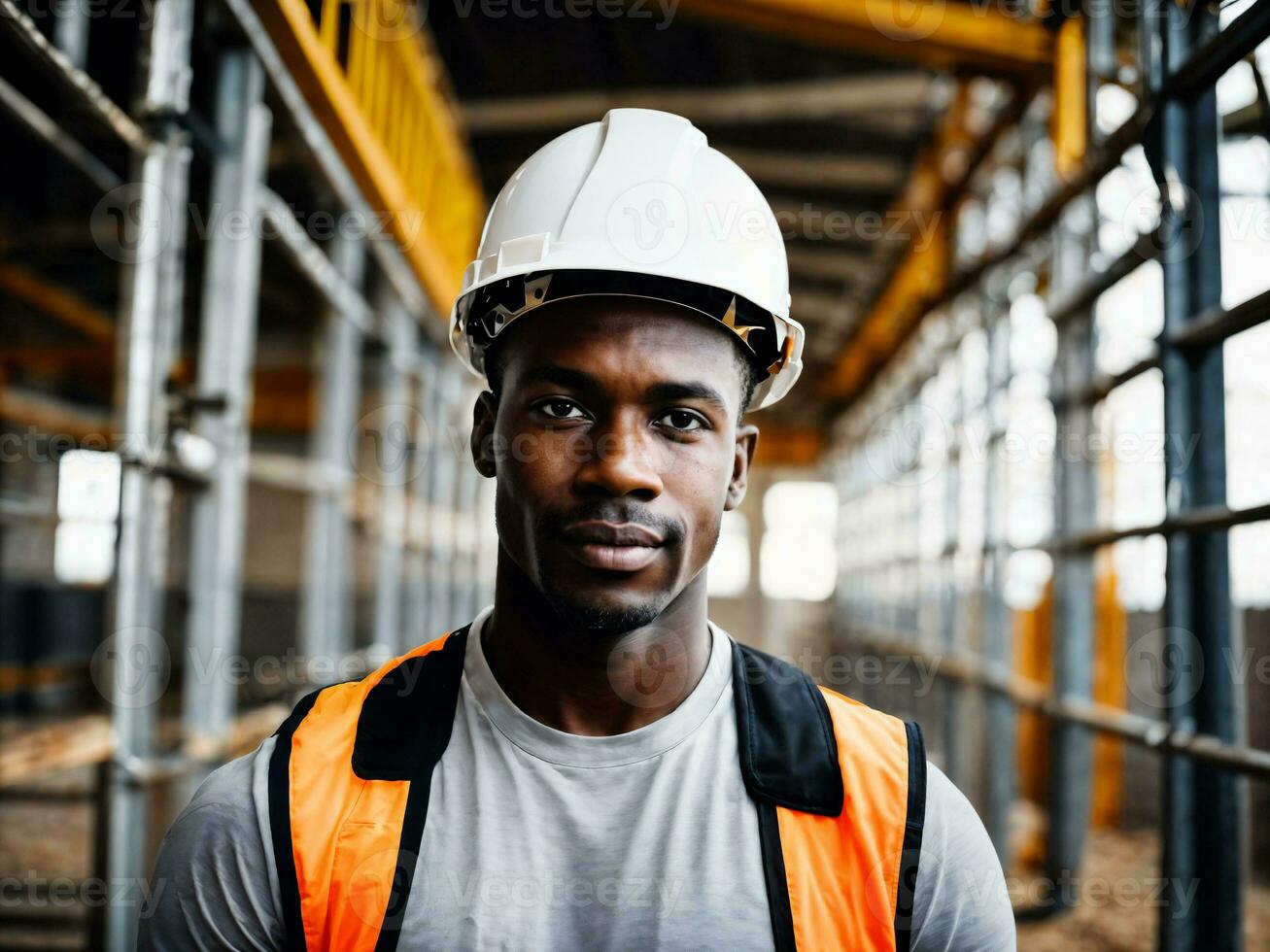 photo of african black man as a construction worker with helmet, generative AI