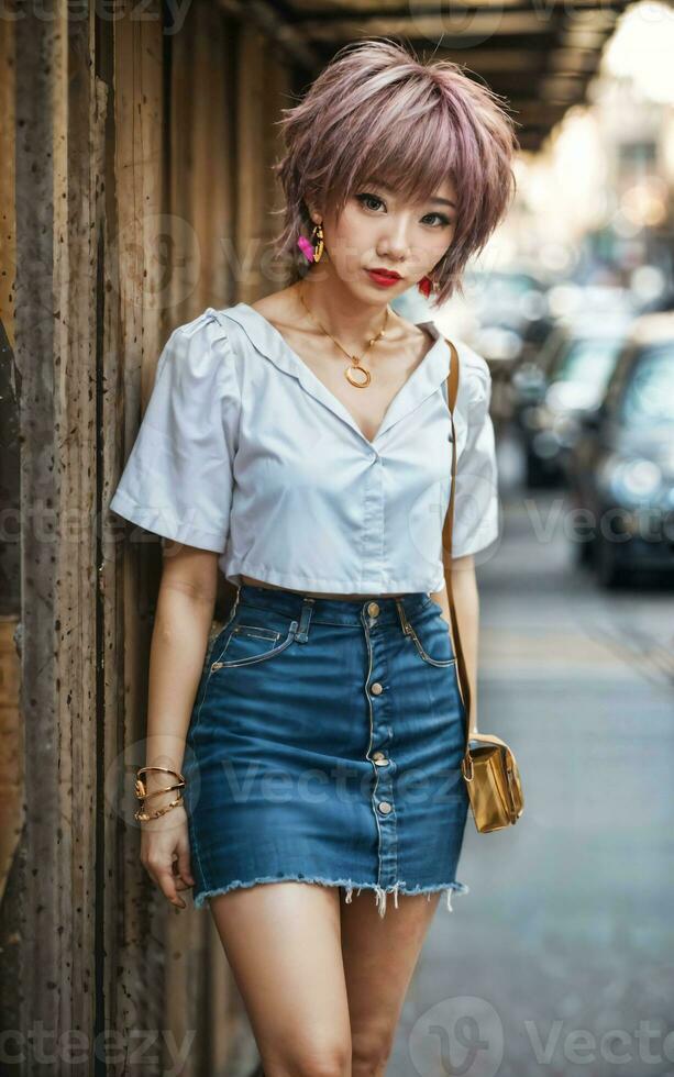 photo of teenage playful asian woman with accessories and mullet hairstyle, generative AI