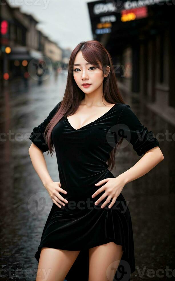 photo portrait of teenage joyful asian woman with black hair , generative AI