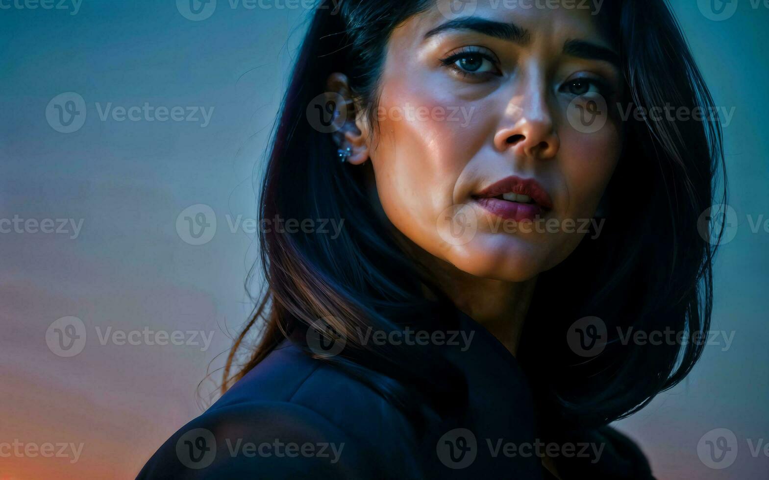 photo of beautiful woman with colorful mixed lighting , generative AI