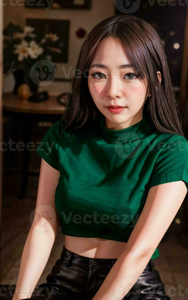 photo portrait of teenage joyful asian woman with black hair , generative AI
