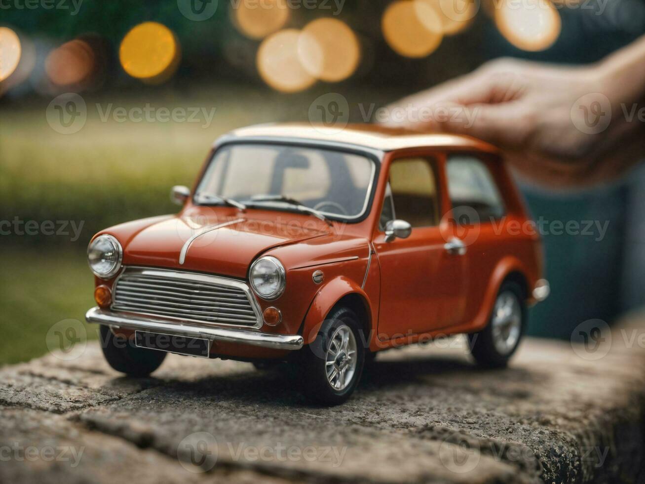 photo of close up hand holding mini car, generative AI