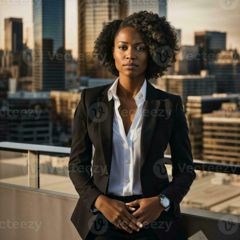 foto de inteligente africano mujer con negro negocio traje a grande moderno ciudad, generativo ai