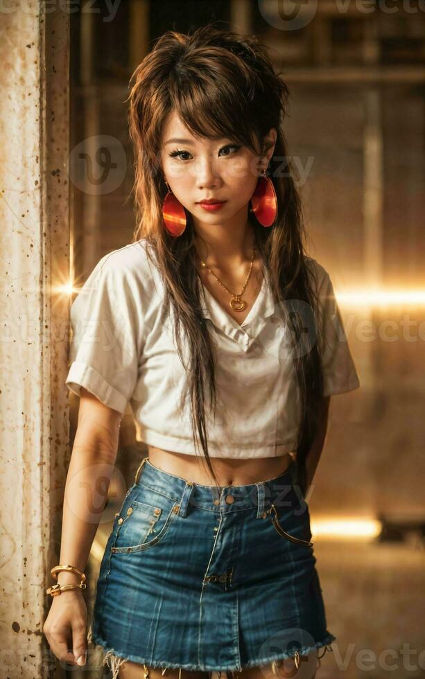 photo of teenage playful asian woman with accessories and mullet hairstyle, generative AI