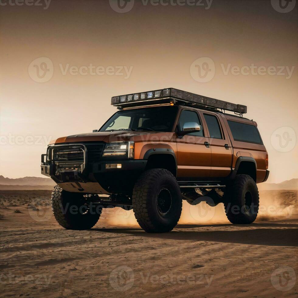 photo of truck in hot sand desert, generative AI