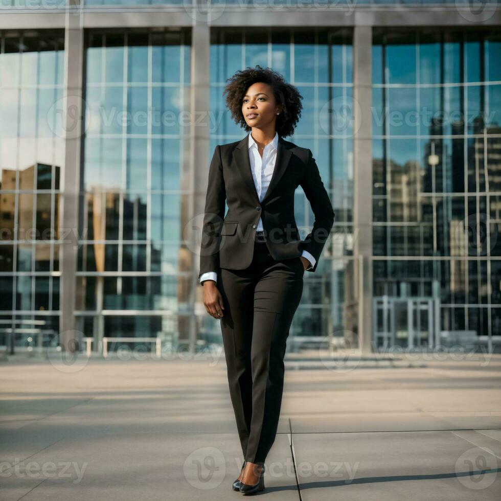 foto de inteligente africano mujer con negro negocio traje a grande moderno ciudad, generativo ai