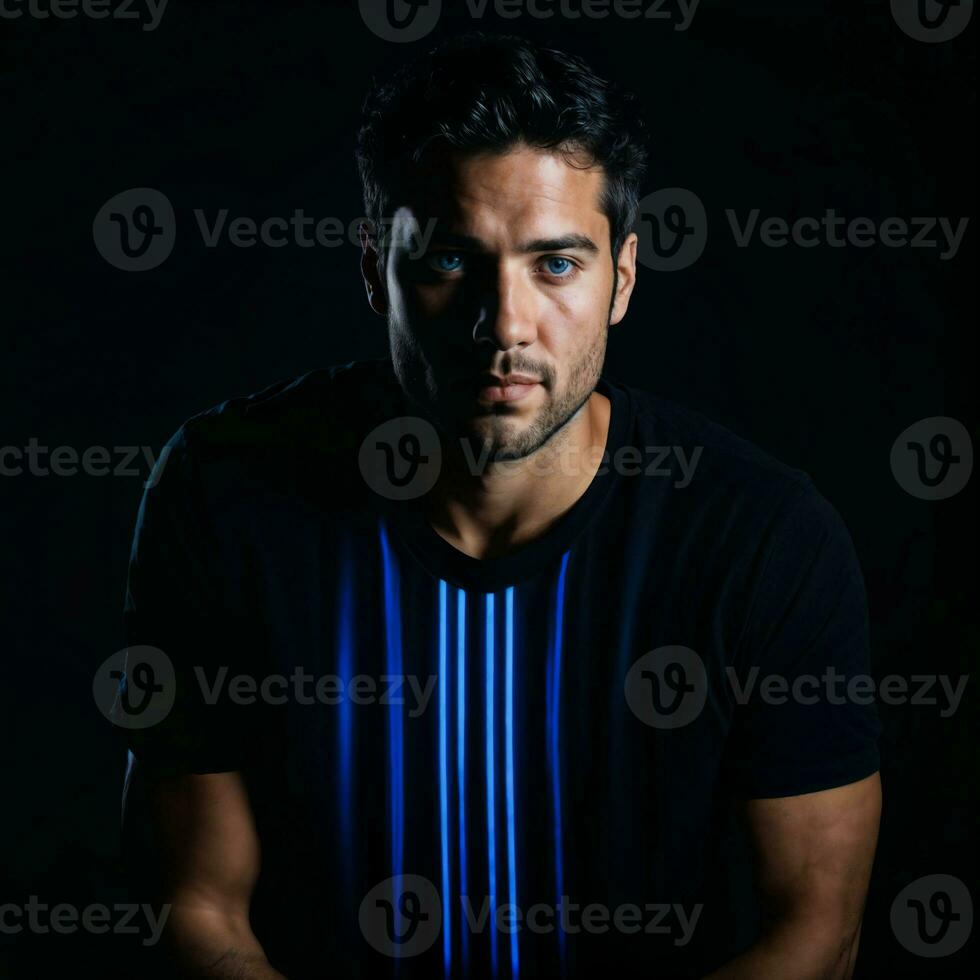 photo of handsome man with blue light on black background, generative AI