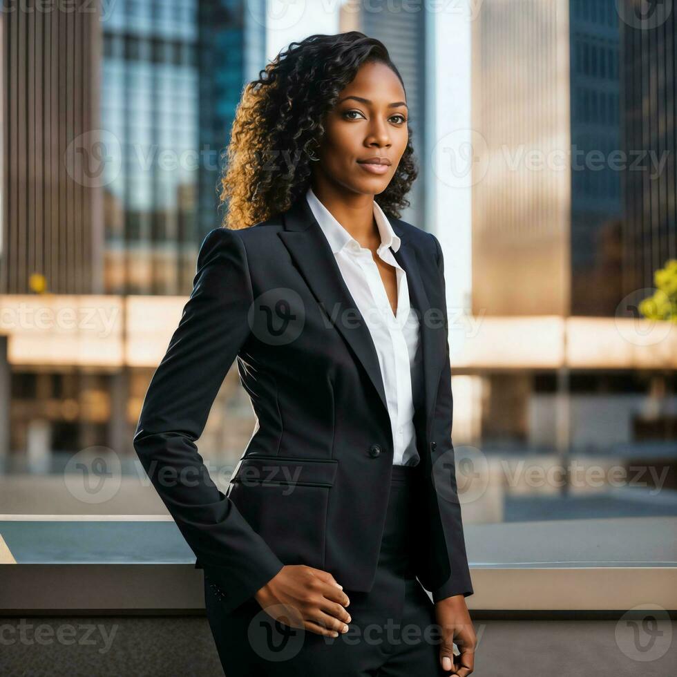 foto de inteligente africano mujer con negro negocio traje a grande moderno ciudad, generativo ai