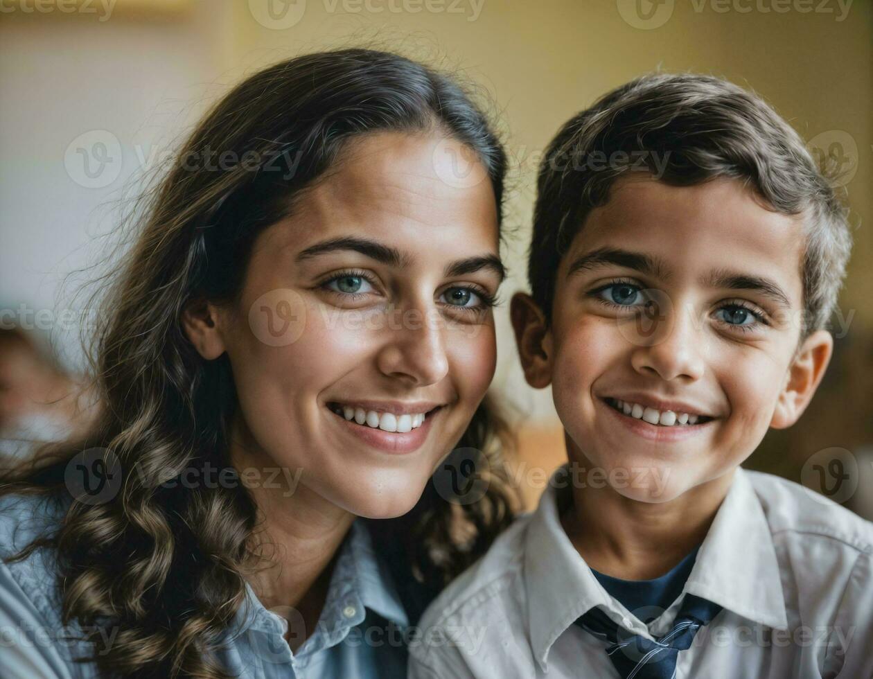 photo of happy teacher and kids at school room, generative AI