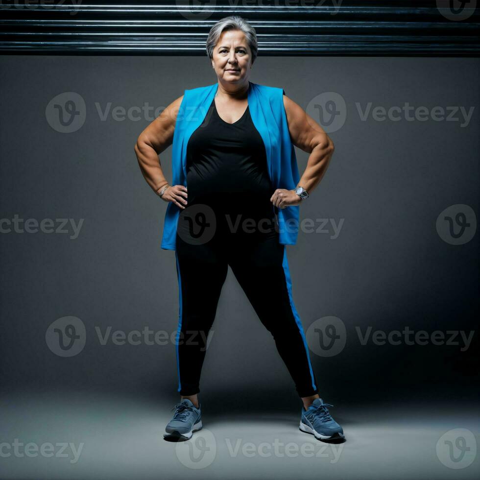 foto de medio Envejecido antiguo mujer con azul ligero en negro fondo, generativo ai