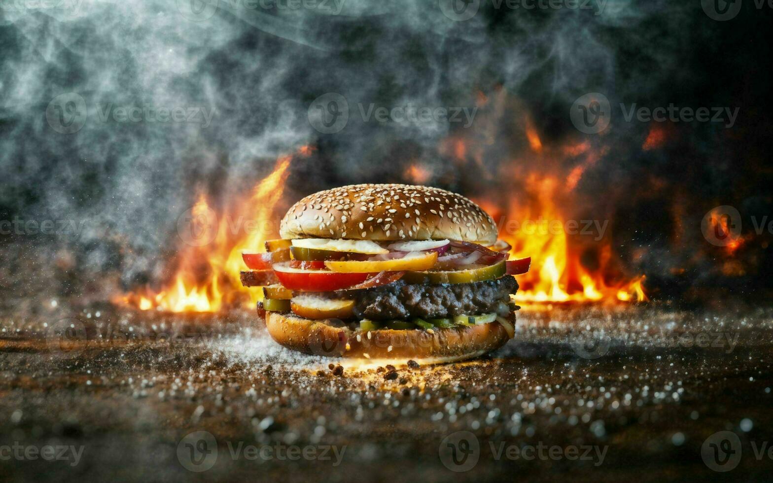 photo close up of big juicy double cheese and beef hamburger on old wooden Board with black background and smoke, generative AI