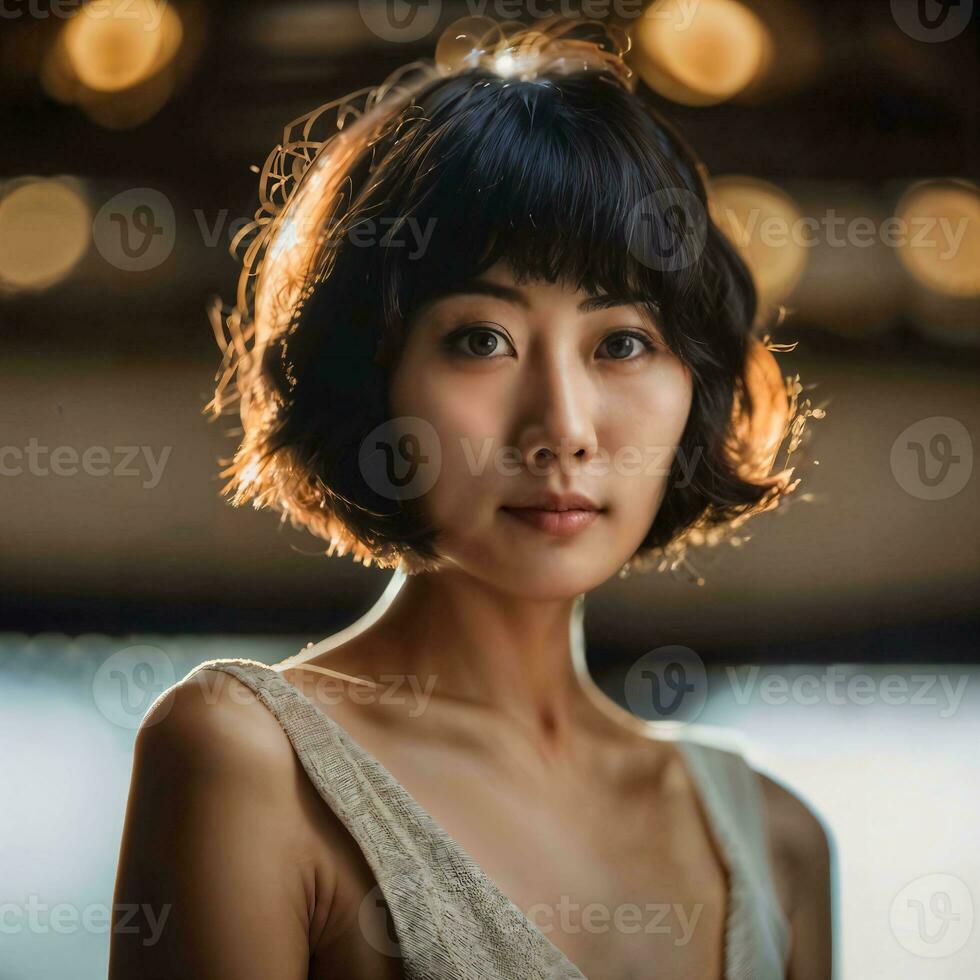 foto de hermosa japonés asiático mujer con corto cabello, generativo ai