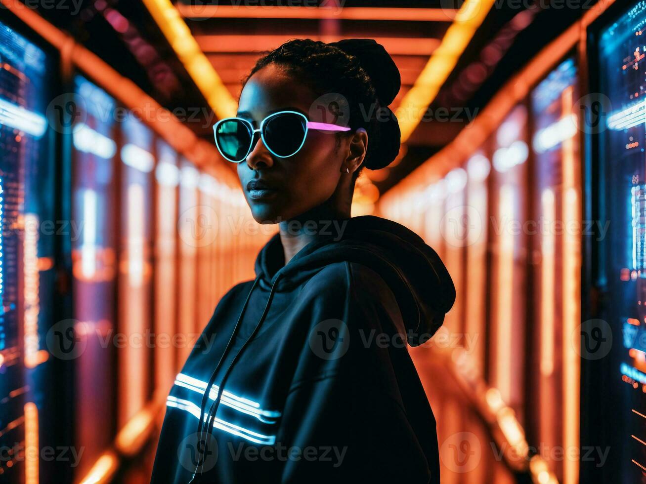 photo of black woman in black hoodie in server data center room with neon light, generative AI