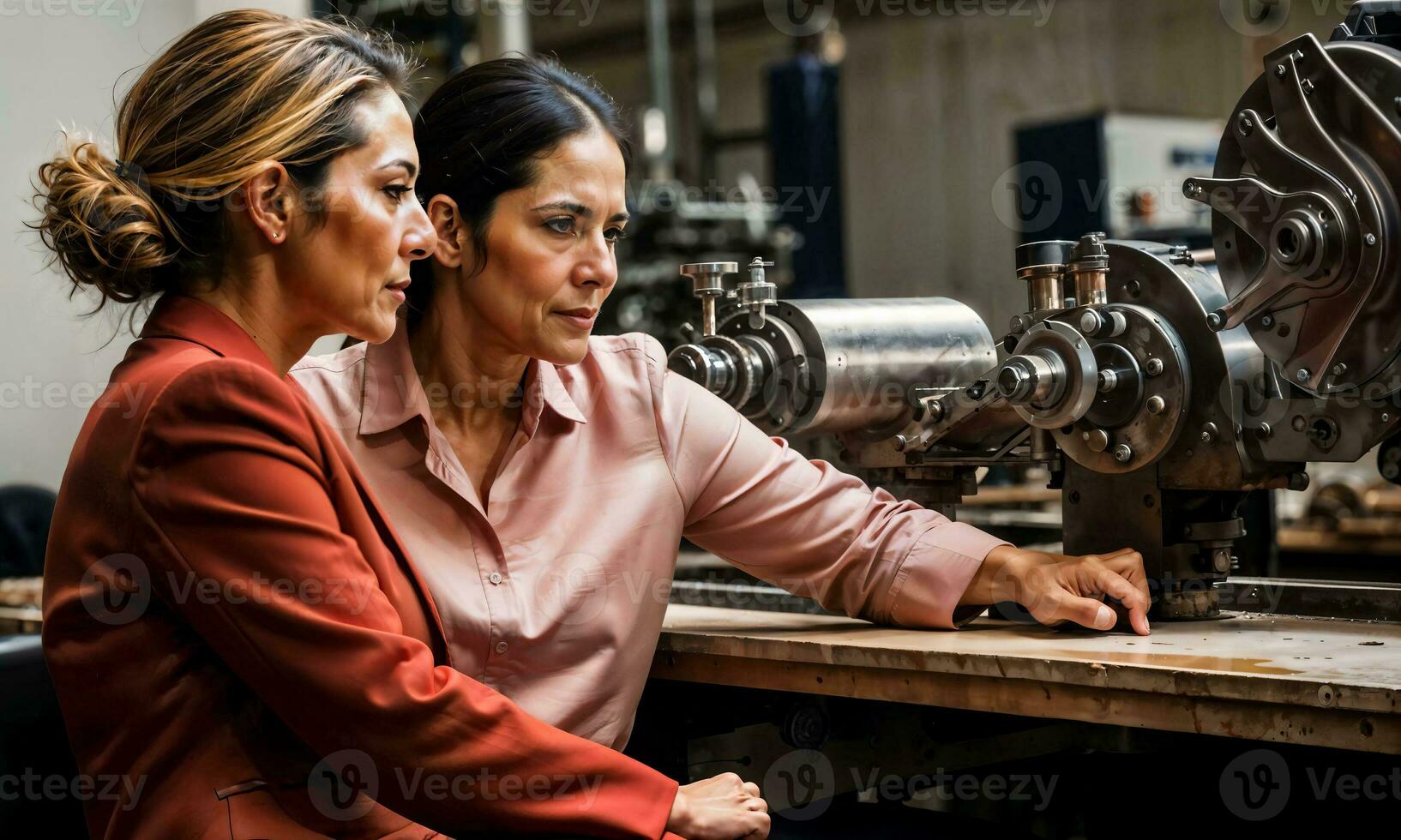 photo of working entrepreneur woman at factory with machine and worker, generative AI