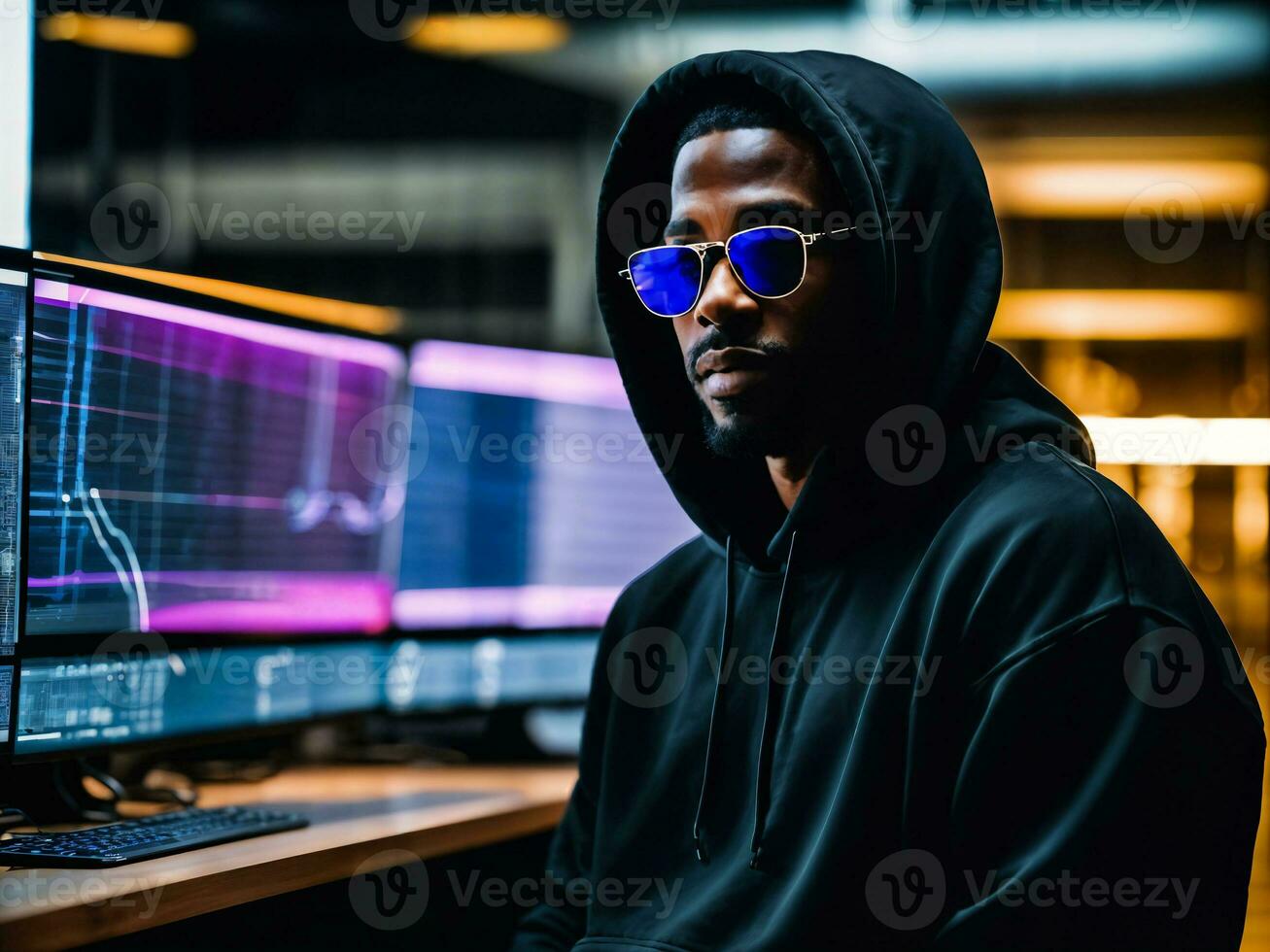 photo of black man in black hoodie in server data center room with neon light, generative AI