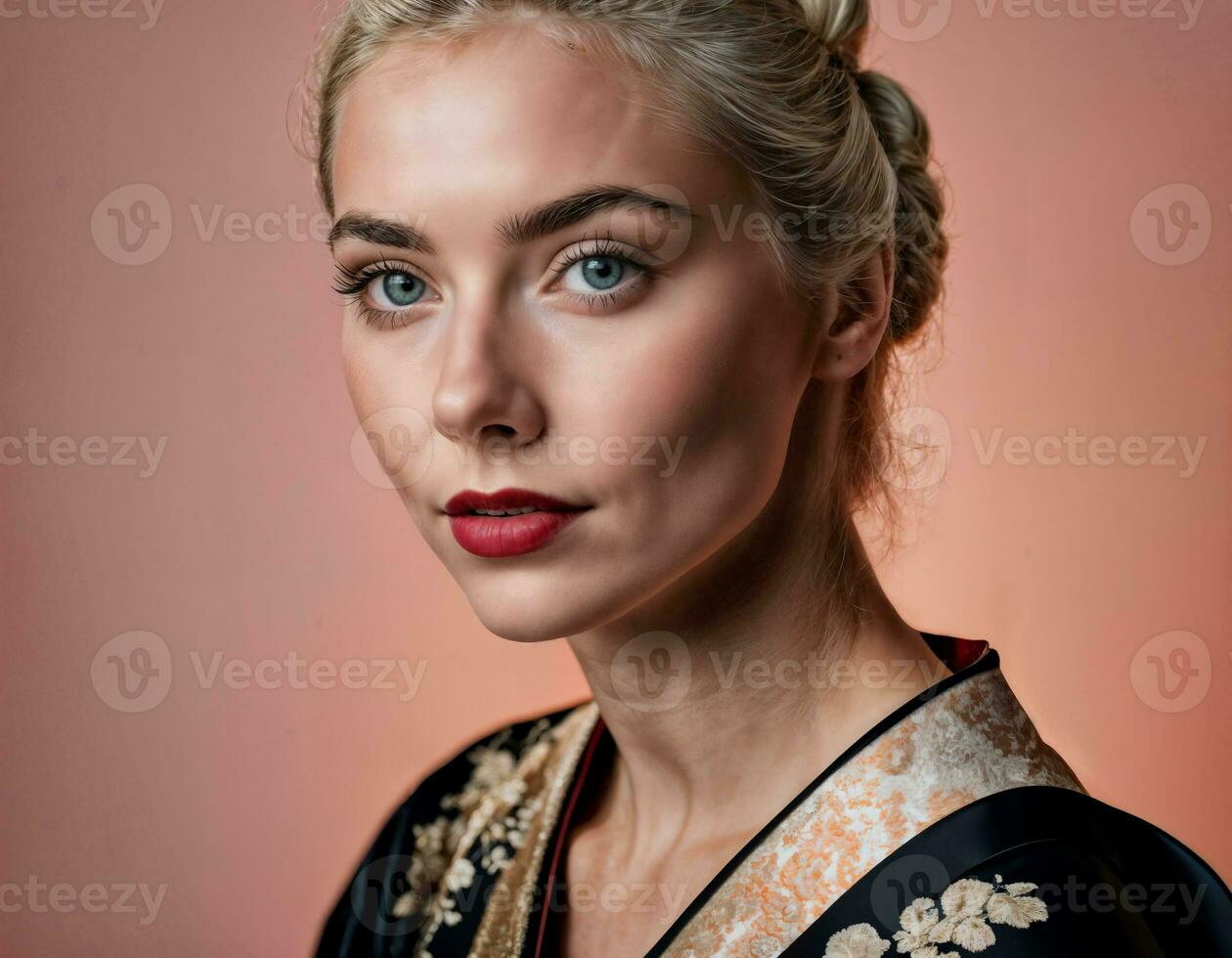photo close up of beautiful european geisha woman in black background, generative AI