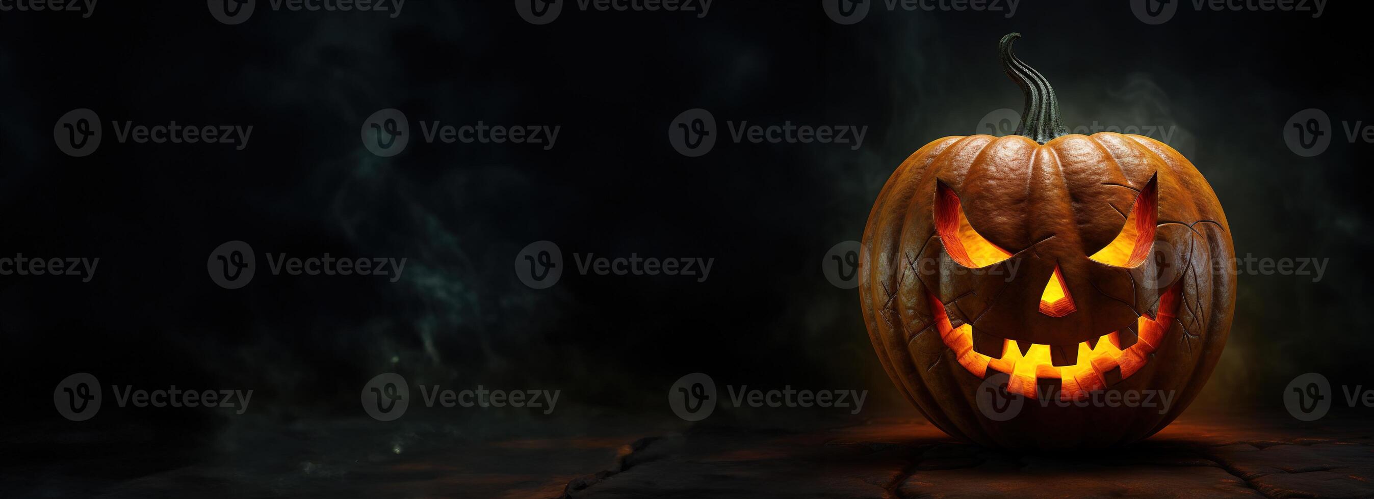 Halloween pumpkin head jack-o-lantern on dark background. Generative AI photo