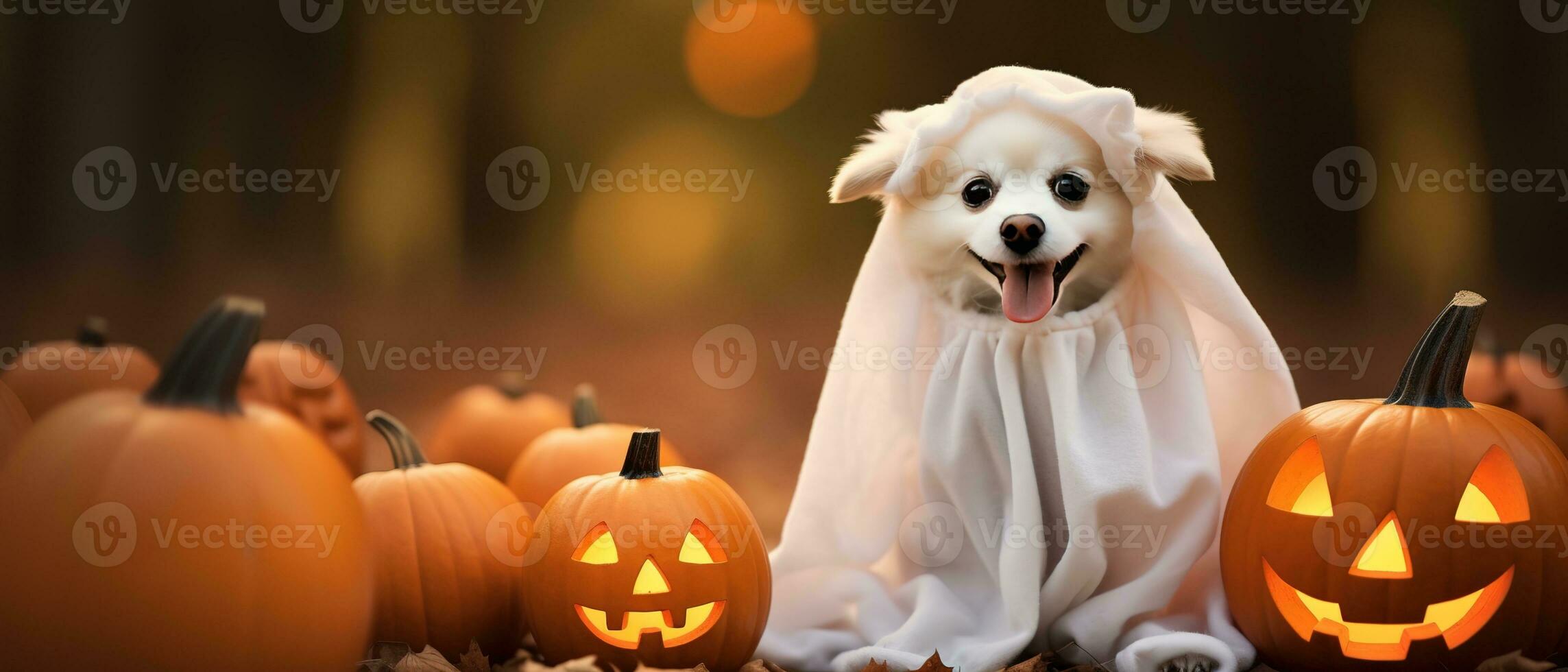 Dog wearing a ghost costume sitting between pumpkins for Halloween in Autumn background. Generative AI photo