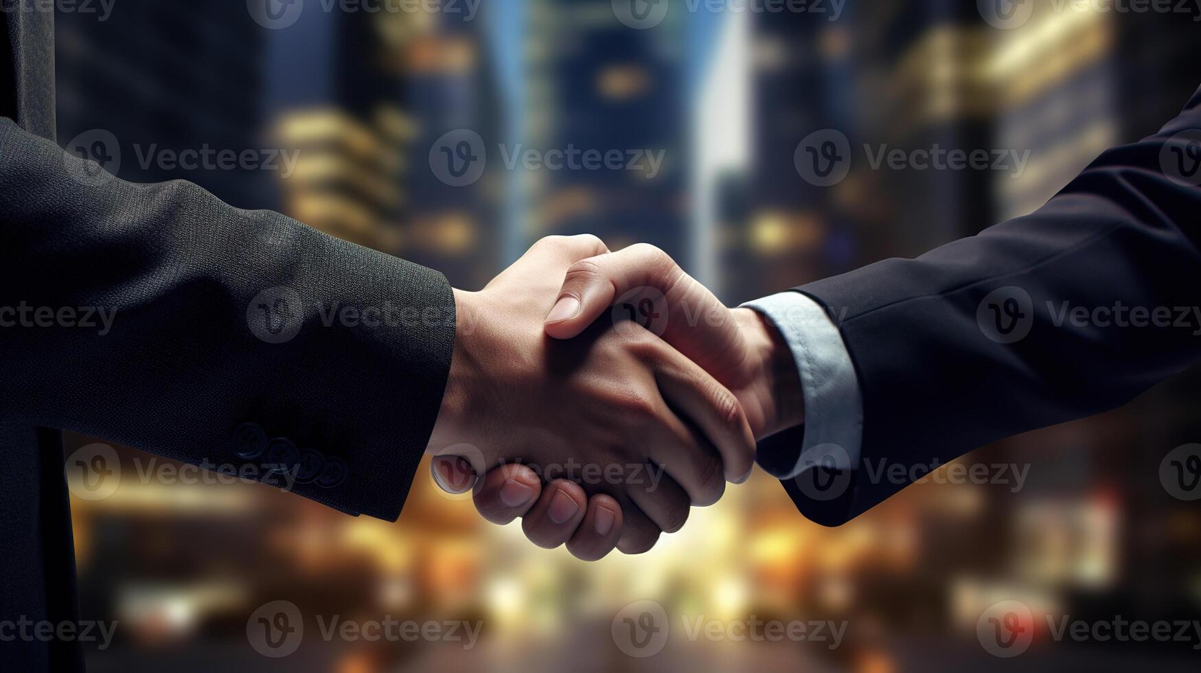 Business shaking hands, finishing up meeting. Successful businessmen handshaking after good deal. Congratulation, merger and acquisition concepts, panoramic banner. Generative AI photo