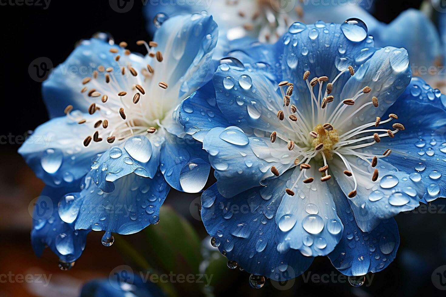 Close up of Blue flowers with drops of water on dark background. Beautiful Macro Photo. Colorful Flowers. Generative AI photo