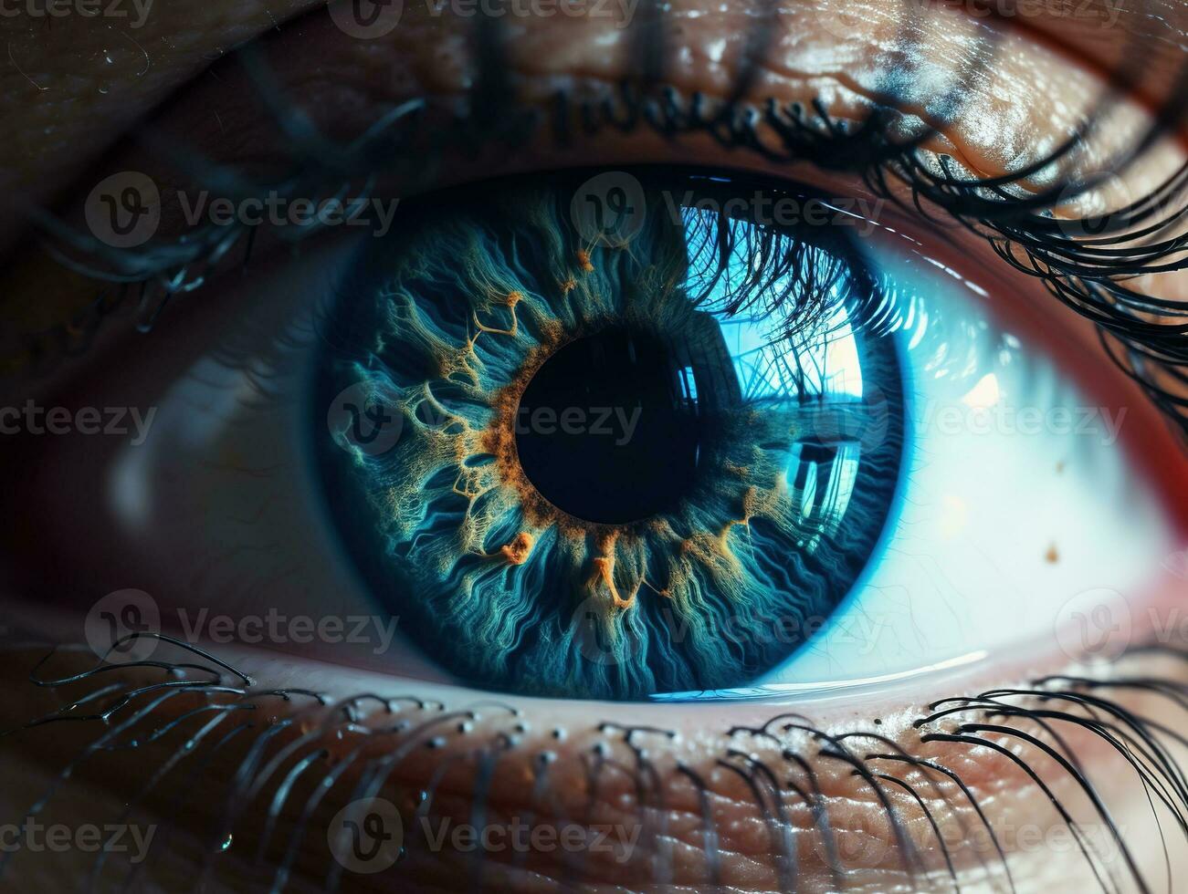 Perfecto azul ojo macro en un estéril ambiente y Perfecto visión en alto resolución. el visión de el futuro y sano vida concepto. generativo ai foto