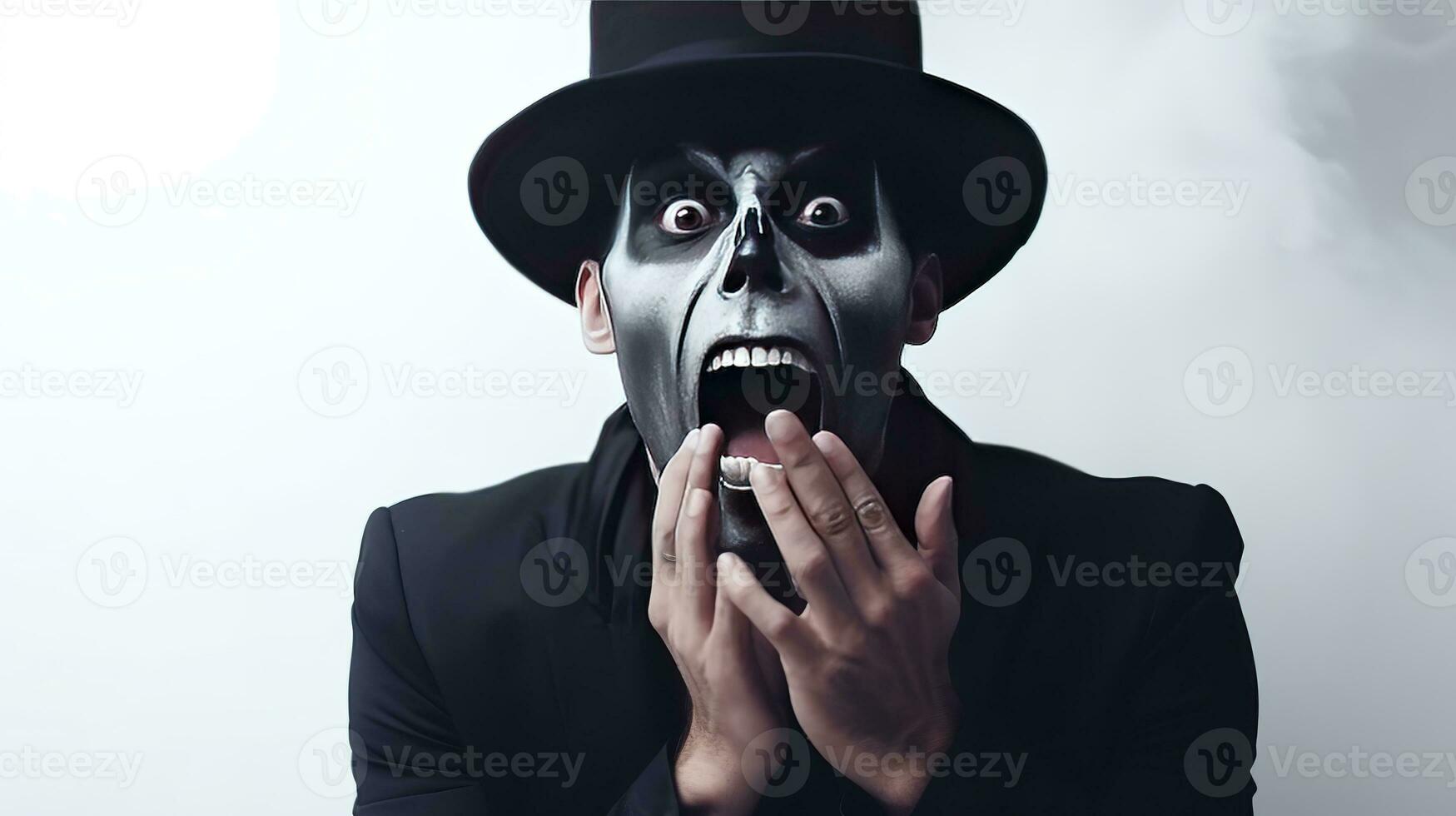 A shocked man in Halloween make-up and costume grabs his face in fright. Man in black hat, suit and skull make-up opens his eyes and mouth wide in fear on white background. Generative AI photo