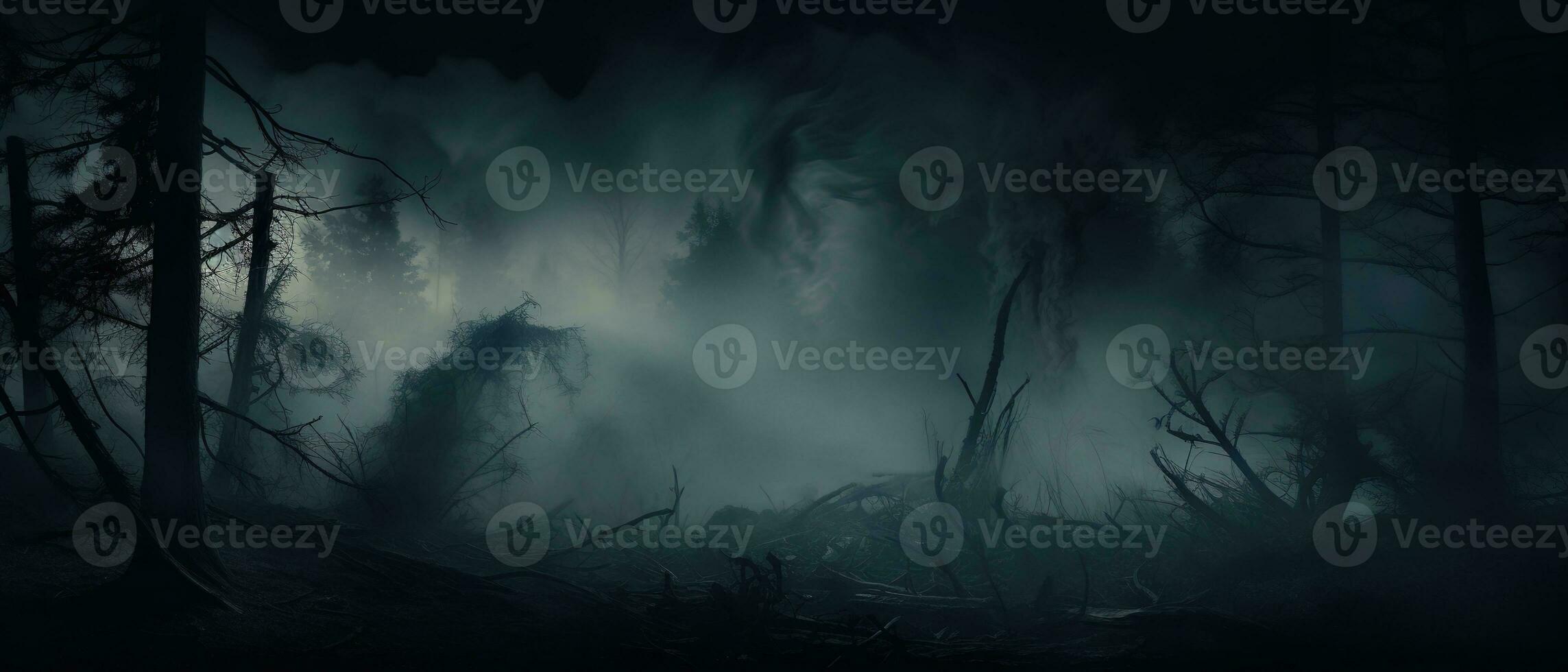 Smoke and mist in the darkness background, Defocused and abstract Halloween backdrop. Generative AI photo