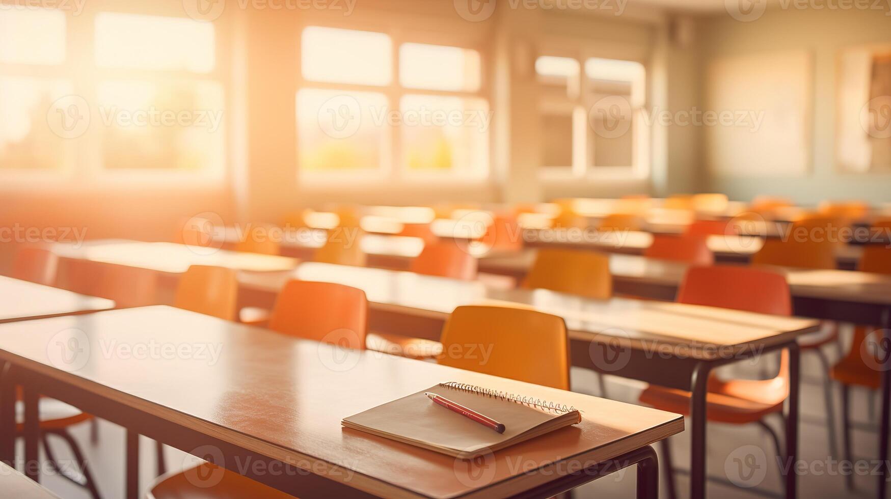 colegio salón de clases en difuminar antecedentes sin joven alumno. borroso ver de elemental clase habitación No niño o profesor con sillas y mesas en instalaciones. espalda a colegio concepto. generativo ai foto