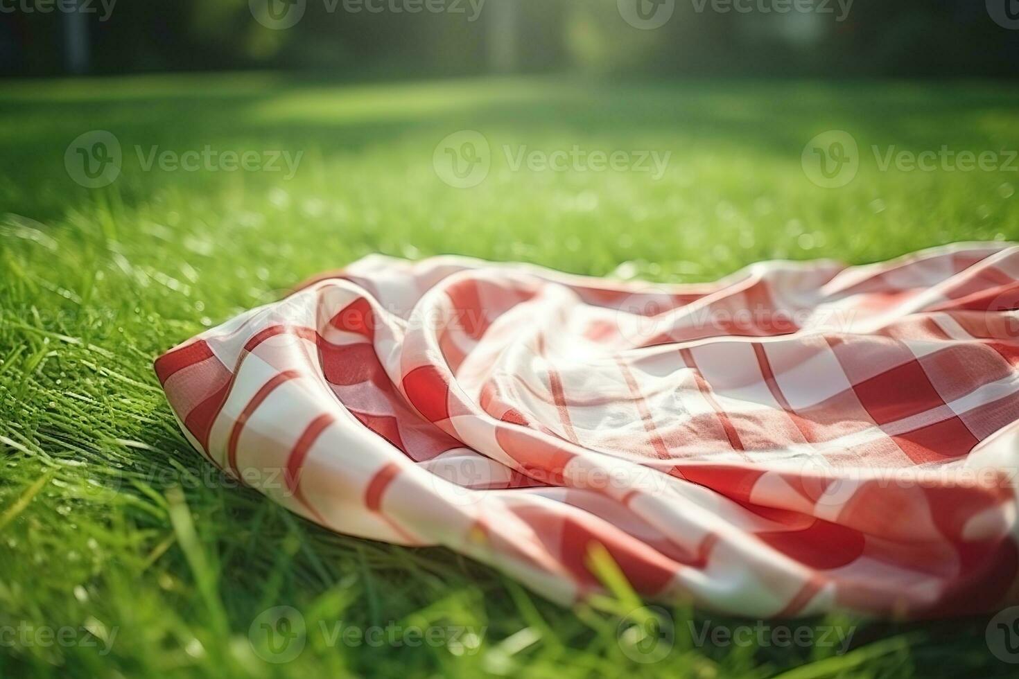 Red and white plaid picnic blanket on top of a green field in sunny day on grass of lawn in summer park. Blurred Background. Generative AI photo