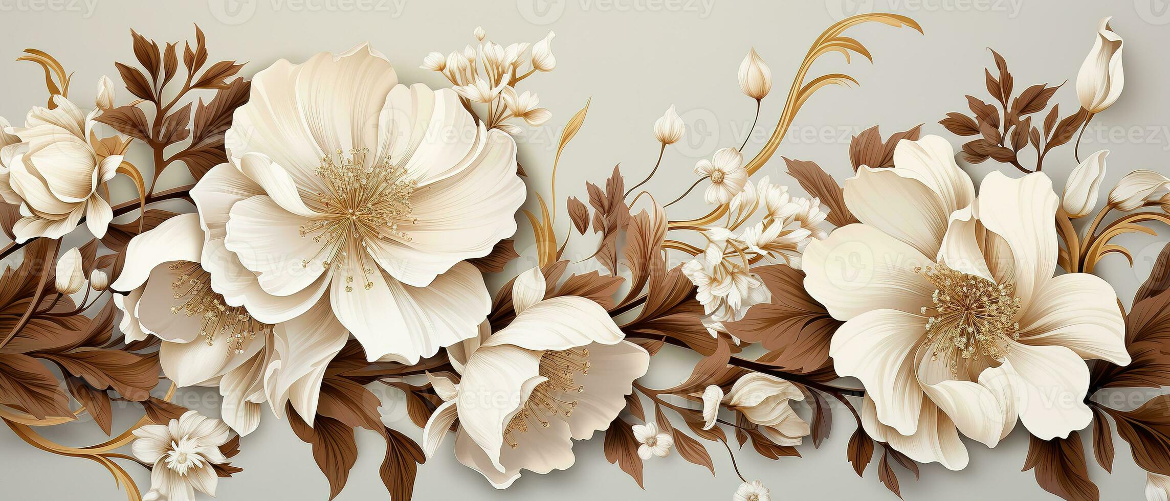 Flowers arranged on white background for decoration of wedding invitation card. Generative AI photo