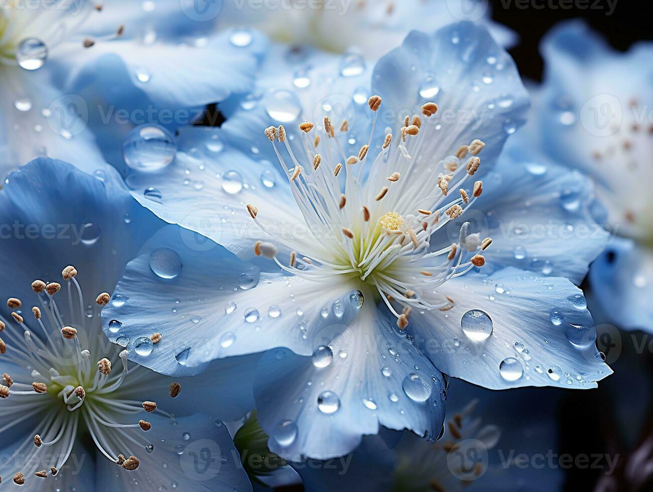 Close up of Blue flowers with drops of water on dark background. Beautiful Macro Photo. Colorful Flowers. Generative AI photo