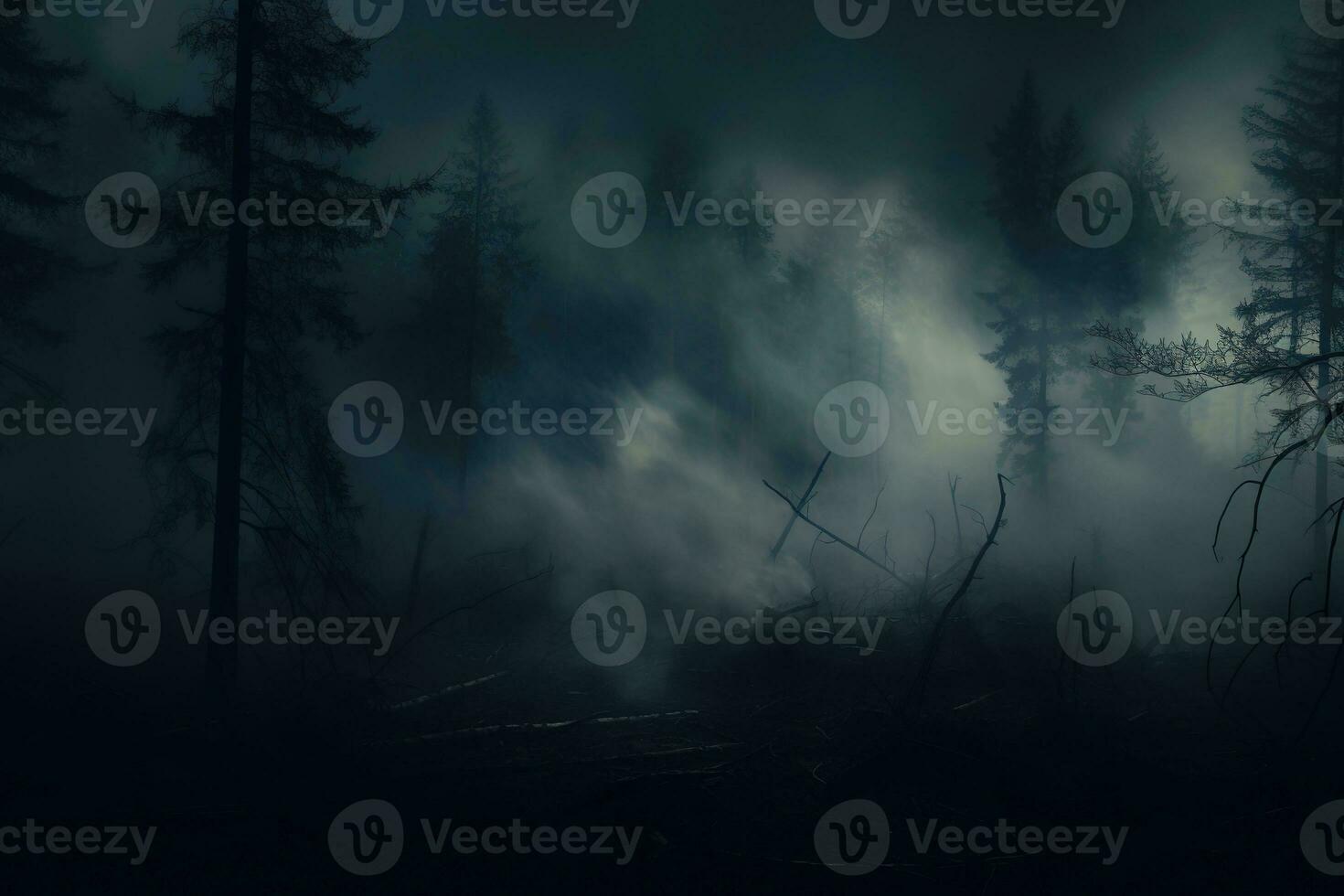Smoke and mist in the darkness background, Defocused and abstract Halloween backdrop. Generative AI photo