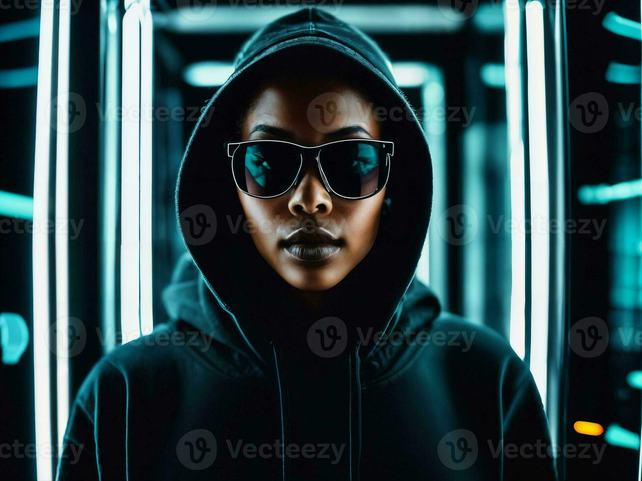 photo of black woman in black hoodie in server data center room with neon light, generative AI