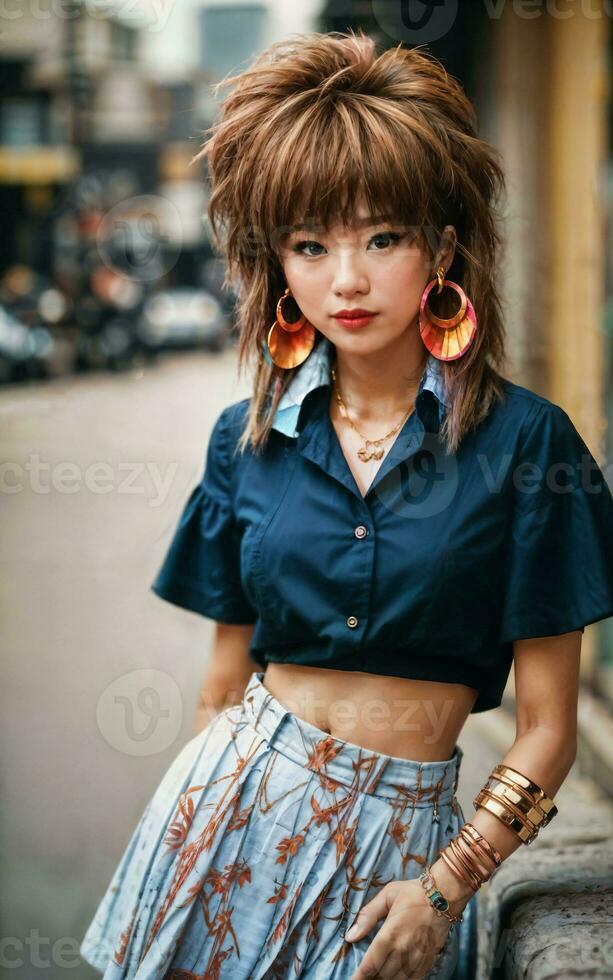 photo of teenage playful asian woman with accessories and mullet hairstyle, generative AI